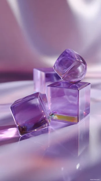 Lavender color reflections on glossy 3D shapes in a soft ambient environment.