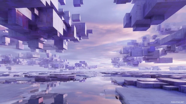 Lavender color tones filling a futuristic landscape of floating geometric structures.