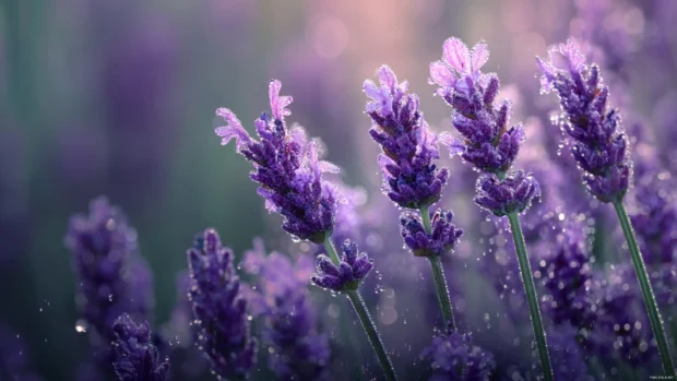 Lavender color wallpaper 4k illustrating macro close up of lavender blooms with sparkling morning dew.