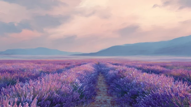 Lavender color wallpaper aesthetic blending faded lavender field photo with pastel brush stroke textures.