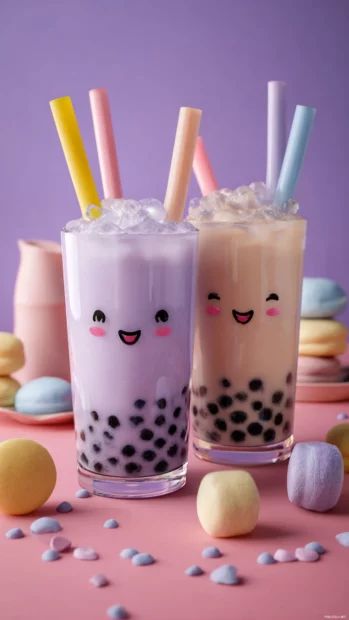 Lavender colored boba drinks with happy faces and pastel straws.