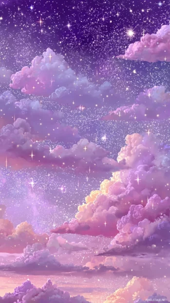 Lavender colored skies with sparkly stars and Cute Lavender clouds drifting by.