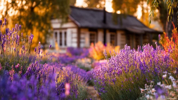 Lavender desktop background capturing a cozy cottage garden filled with lilac and lavender under warm light.