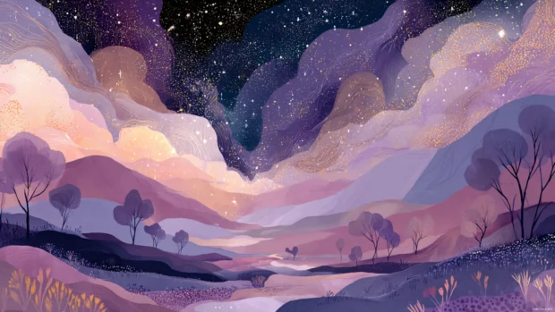 Lavender dreamscape with starry skies and soft hills in an ethereal illustration.