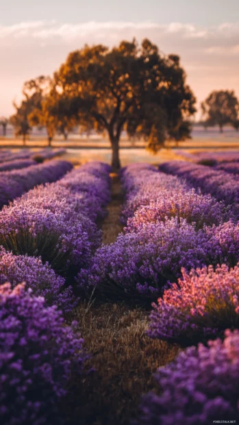 Lavender field iPhone wallpaper with cinematic view of endless blooms under warm golden hour light.