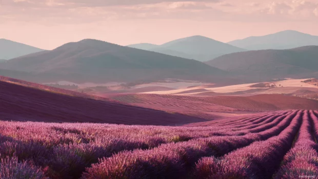 Lavender fields stretching across rolling hills under a soft pastel sky, dreamy atmosphere.