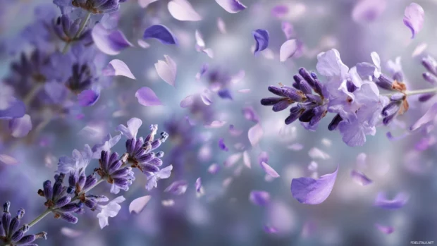 Lavender floral wallpaper combining delicate lavender sprigs and slow drifting petals in soft focus scene.