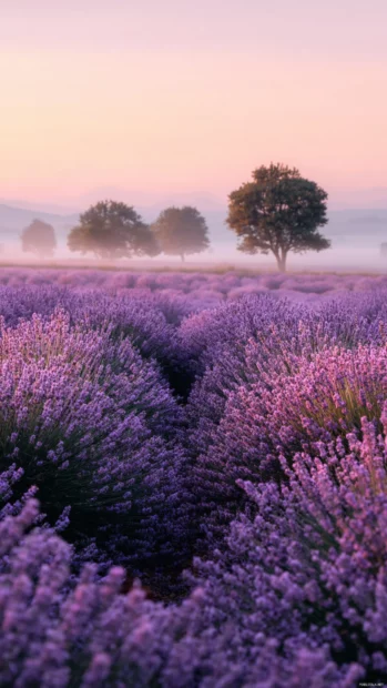 Lavender iPhone wallpapers aesthetic style showing dreamy lavender field under pastel sunrise sky with soft haze.