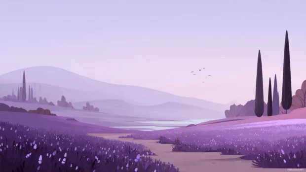 Lavender landscape with minimalist flat illustration style and gentle purple tones.