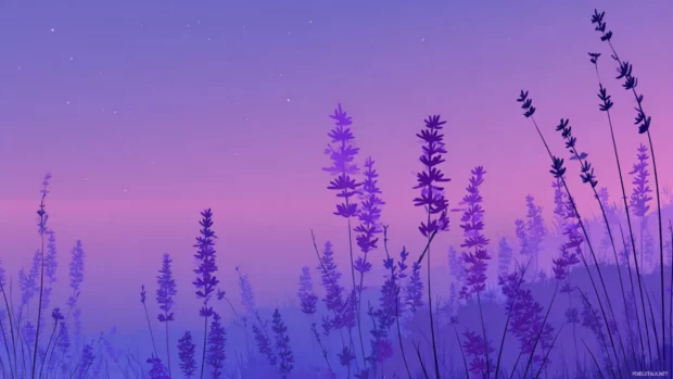 Lavender lock screen wallpaper design showing stylized lavender silhouettes layered over dusky purple gradient.