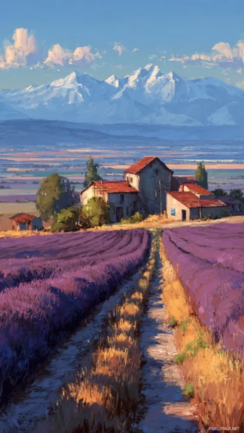 Lavender morning light casting long shadows over rustic farmhouses and distant peaks.