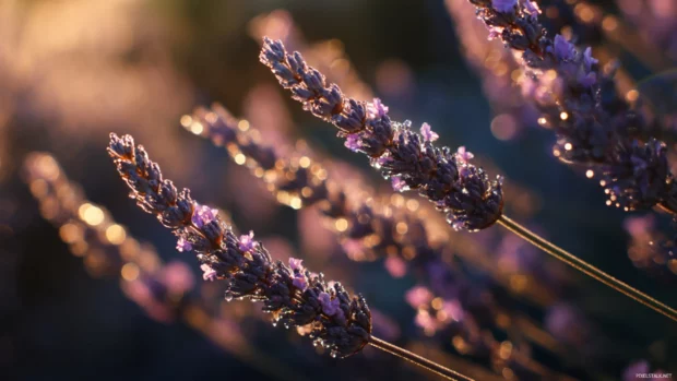 Lavender phone wallpaper hd depicting close focus on lavender buds tipped with sparkling dew in sunrise light.