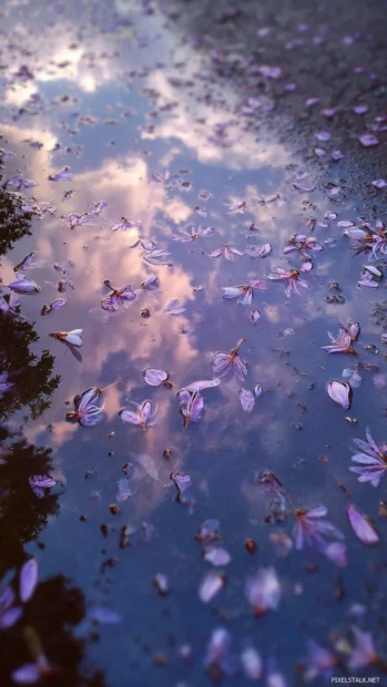 Lavender sky reflected in a still puddle with petals floating on the surface.