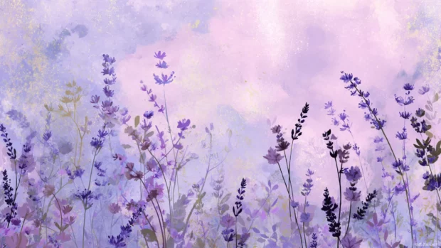Lavender theme with watercolor textures and floral silhouettes, soft and peaceful.