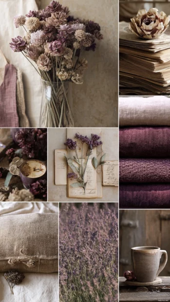 Lavender themed aesthetic featuring dried florals, cozy fabrics and vintage tones.