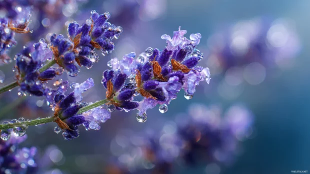 Lavender wallpaper 4k showcasing close up macro of lavender blooms with sparkling dew drops.