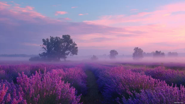 Lavender wallpaper desktop showing dreamy field of lavender under soft morning mist with pastel sky.