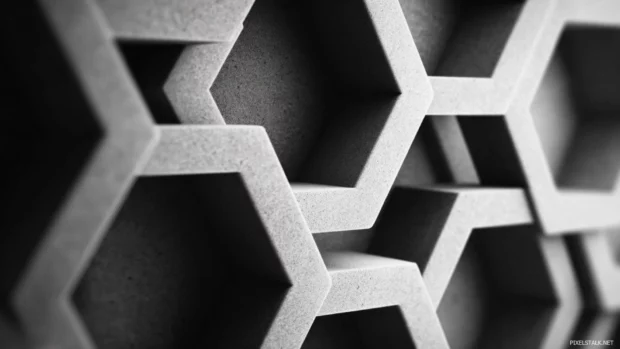 Layered Black and White Geometric hexagons stacked in a fractal arrangement with soft shadows.