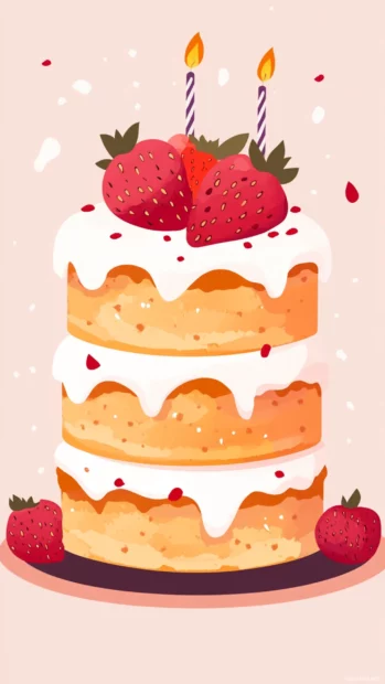 Layered birthday cake with strawberries in cute aesthetic color scheme.