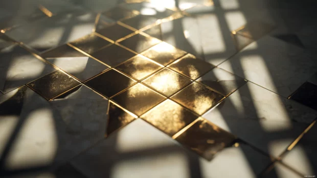 Layered golden geometric tiles casting soft shadows in a stylized abstract grid.
