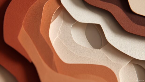 Layered paper cut out style featuring Geometric shapes with shadows and depth in soft warm colors.