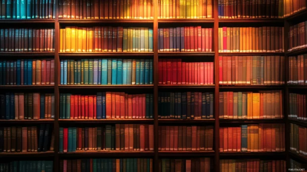 Library book wallpaper filled with tall shelves of colorful bindings and ambient warm lighting.