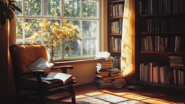 Light aesthetic tones framing a book lovers quiet afternoon read.