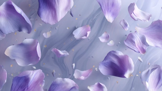 Light lavender color wallpaper with subtle marble texture and floating lavender petals for calm desktop screen.