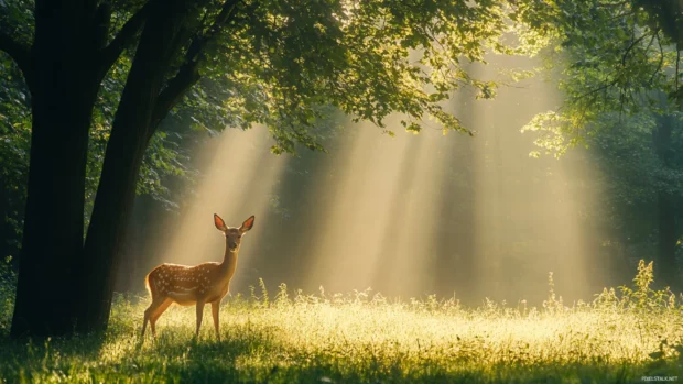 Light rays piercing through trees around a deer.