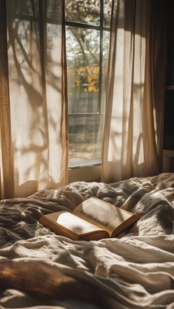 Light shines through curtains on an aesthetic book resting on soft sheets.