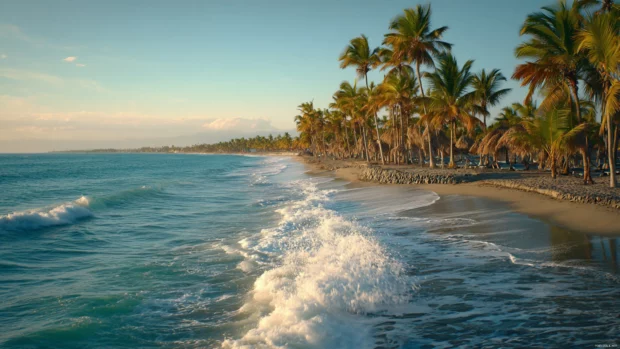 Long stretch of beach with rows of tall palm trees and soft waves, all in crystal clear 4K.