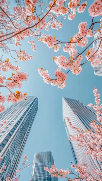 Looking up at Tokyo skyscrapers framed by cherry blossoms and a clear blue sky.