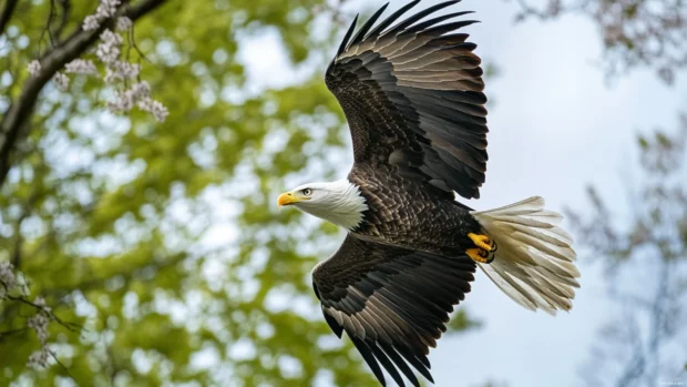 Low angle view of an eagle flying above treetops in spring.