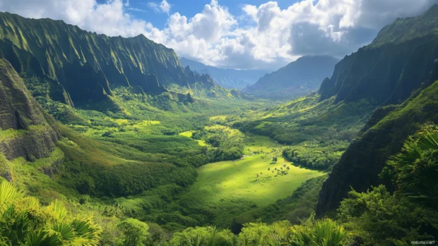 Lush green valley surrounded by towering cliffs wallpaper 2560x1440 evoking serenity and wonder.