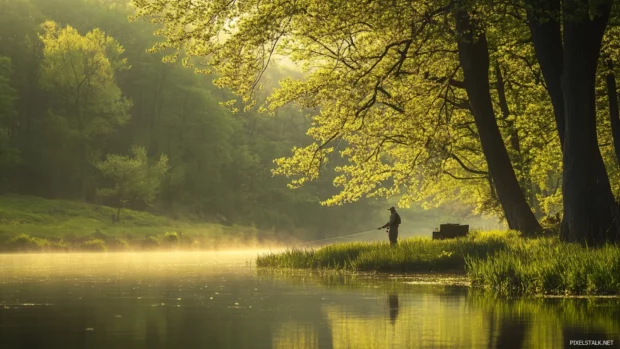 Lush spring scenery where an angler is immersed in fly fishing.