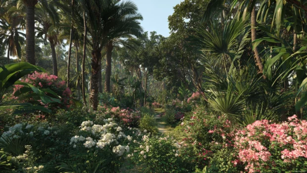 Lush tropical garden featuring tall palm trees and exotic flowers in vibrant 4K detail.