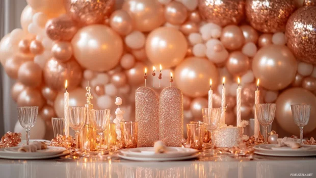 Luxurious birthday balloon scene with rose gold tones and candles.