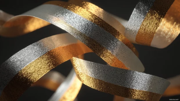 Luxury abstract patterns made of intertwined silver and gold metal ribbons on a dark background.