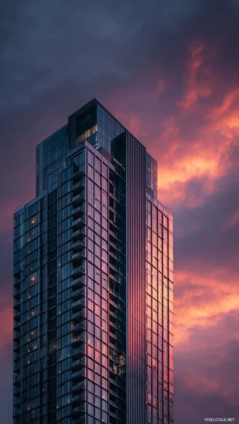 Luxury architectural details on a modern skyscraper under a dramatic sunset sky.