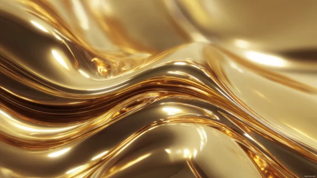 Luxury background featuring liquid gold metal texture with flowing curves and light reflections.