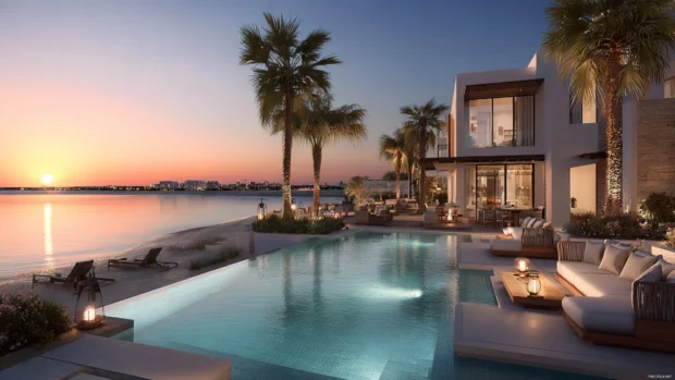 Luxury beachside villa surrounded by palm trees and an infinity pool under the sunset.