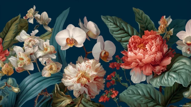 Luxury botanical wallpaper bloom edition showcasing giant orchid and peony illustrations in artful layout on rich midnight blue.