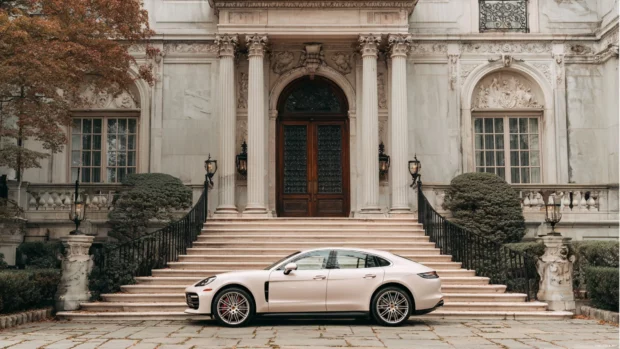 Luxury car parked in front of a mansion with marble steps and classic architecture.