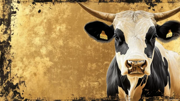 Luxury cow print wallpaper in gold and black, featuring glossy textures and elegant framing for a chic interior.