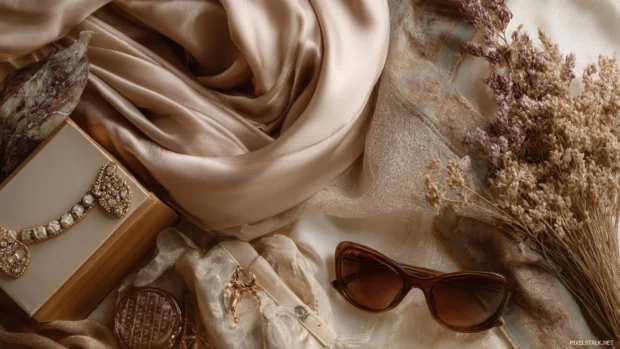 Luxury fashion elements including silk fabric, designer accessories and soft neutral tones.