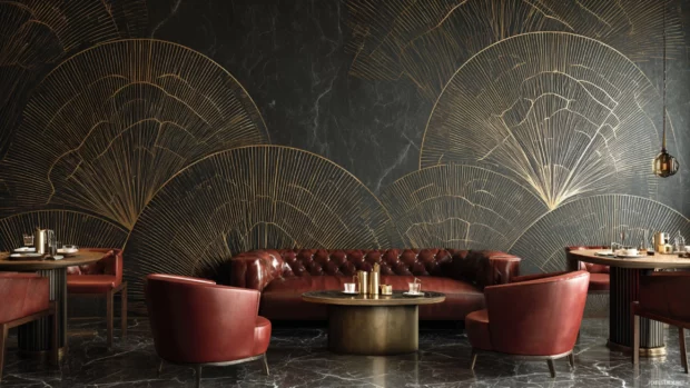 Luxury gold metal wallpaper mural showcasing oversized art deco fan motifs in rich bronze tones on dark marble wall.