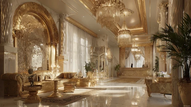 Luxury golden interior design with elegant textures and grand chandeliers.