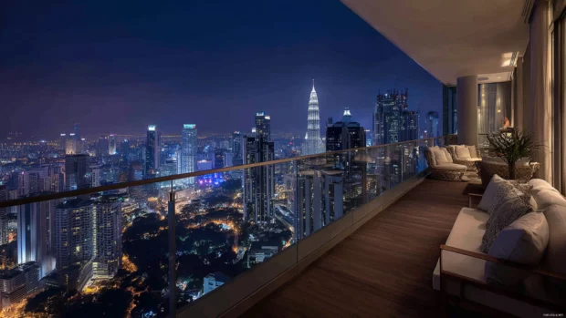 Luxury high rise apartment with breathtaking skyline views at night.