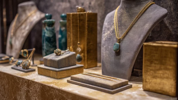 Luxury jewelry display featuring metal textures, gold chains and sparkling gemstones on velvet.