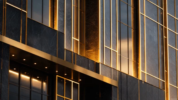 Luxury metal architectural facade with gold lines and large reflective glass windows.